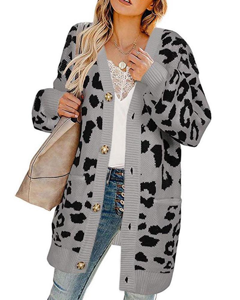 Outlet26 Leopard Print Button Cardigan gray