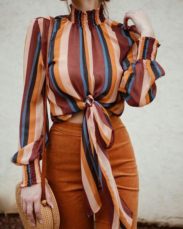 Striped Shirring Neck & Cuff Knotted Blouse
