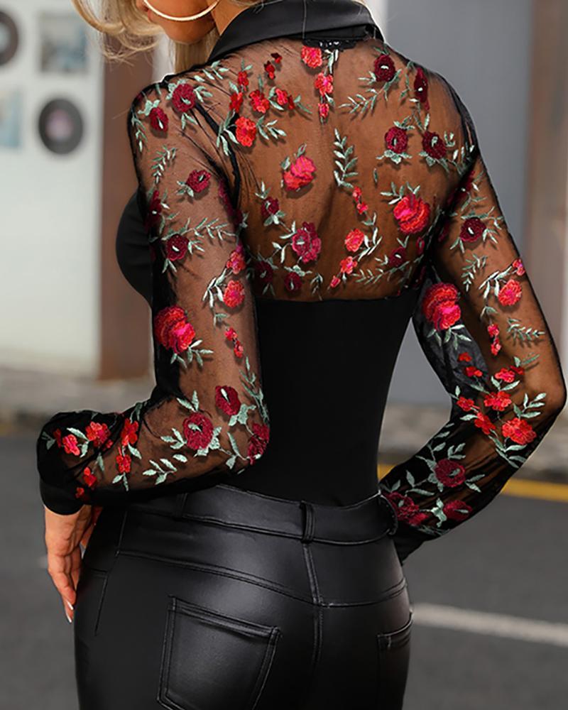 Sheer Mesh Floral Embroidery Shirt