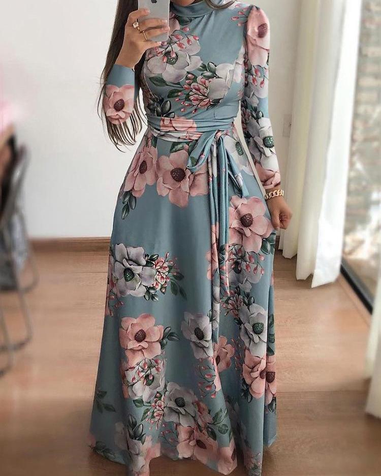 Outlet26 Rose Print Long Sleeve Maxi Dress dark blue