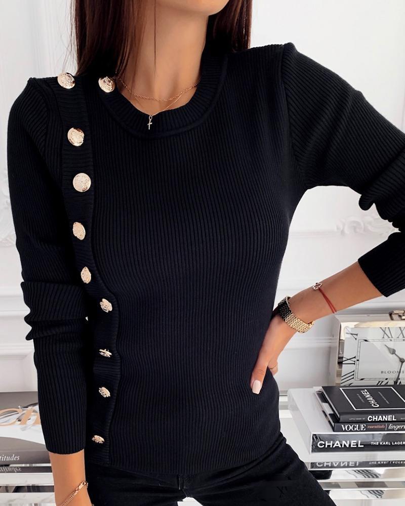 Round Neck Ribbed Long Sleeve Buttoned Casual Blouse