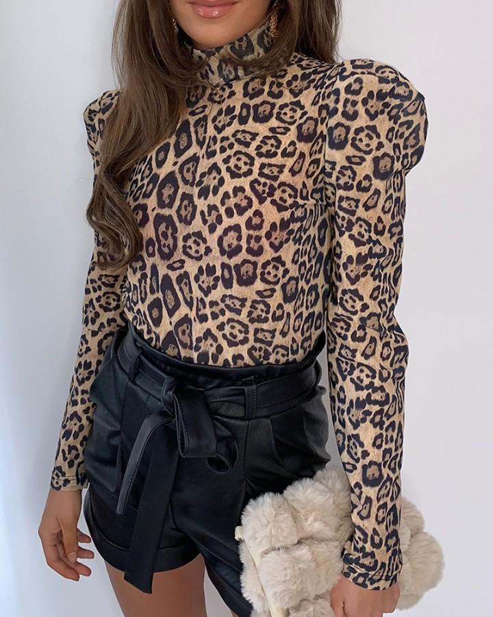 Outlet26 High Neck Puff Sleeve Leopard Print Blouse Leopard