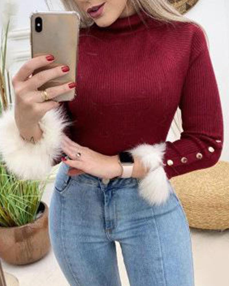 Outlet26 High Neck Button Detail Knitted Top Wine red