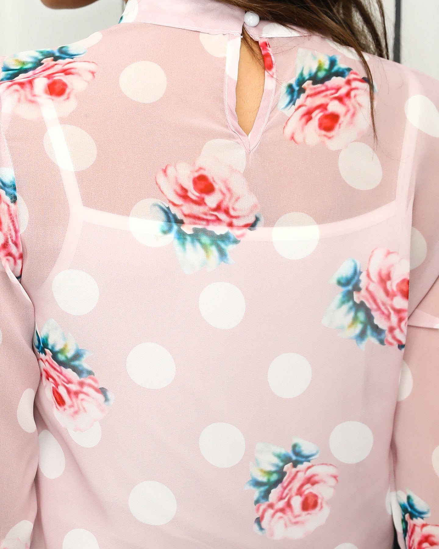 Tied Neck Dot Floral Print Casual Shirt