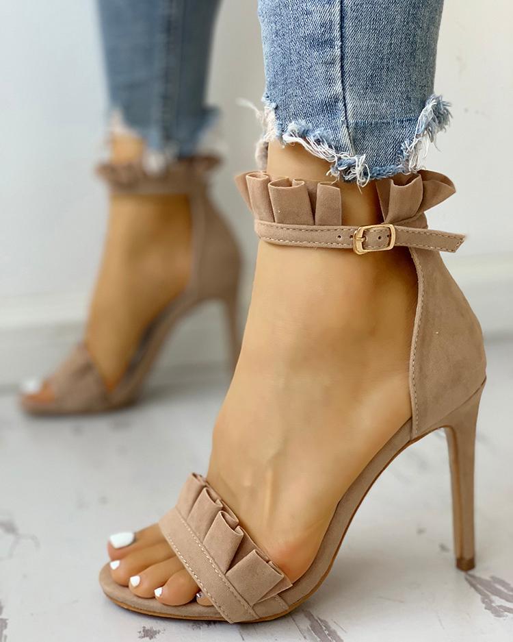 Frilled Solid Color Thin Heeled Sandals