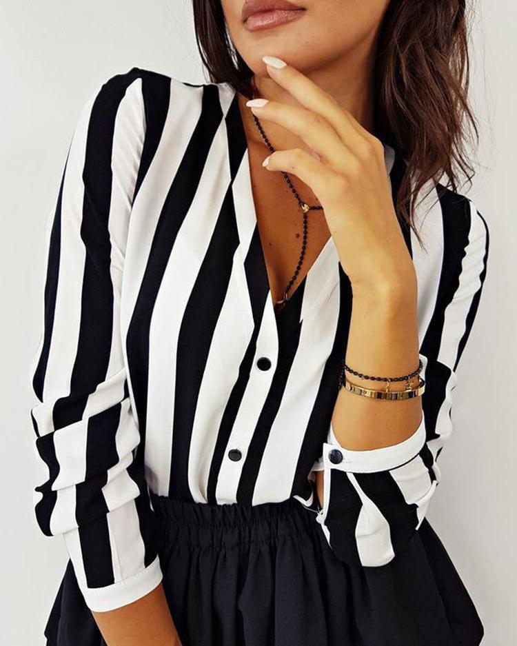 Stripes Button Up Long Sleeve Blouse