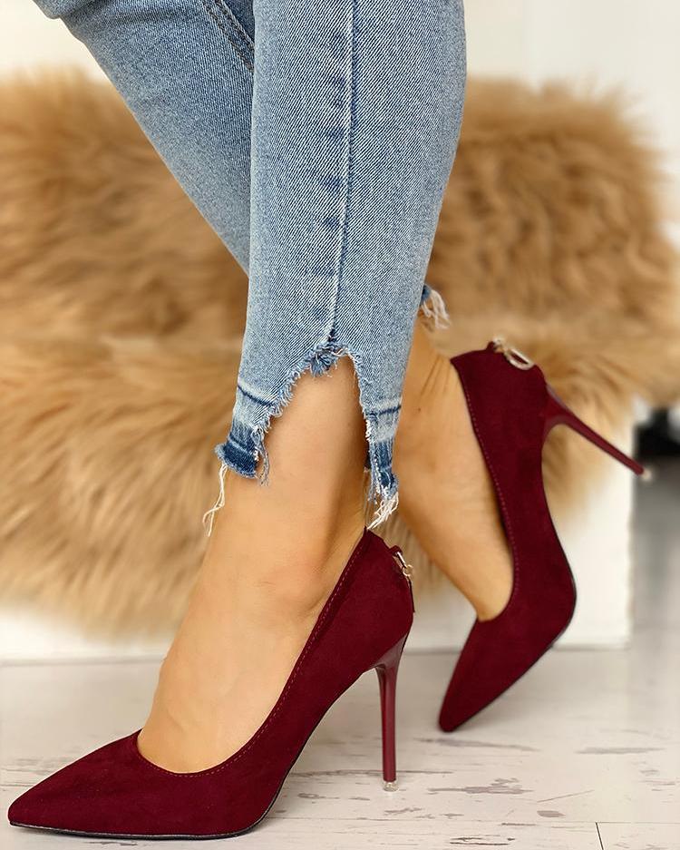 Suede Pointed Toe Zipper Back Thin Heels