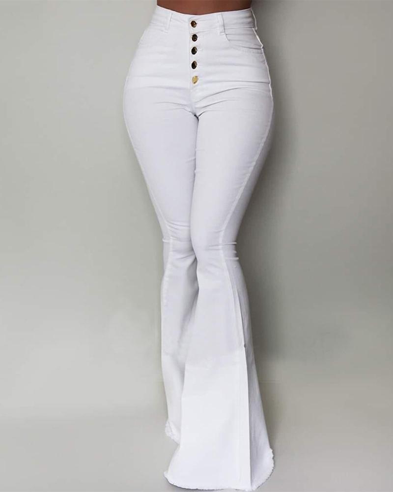 Outlet26 Solid High Waist Slinky Bell-bottomed Pants white