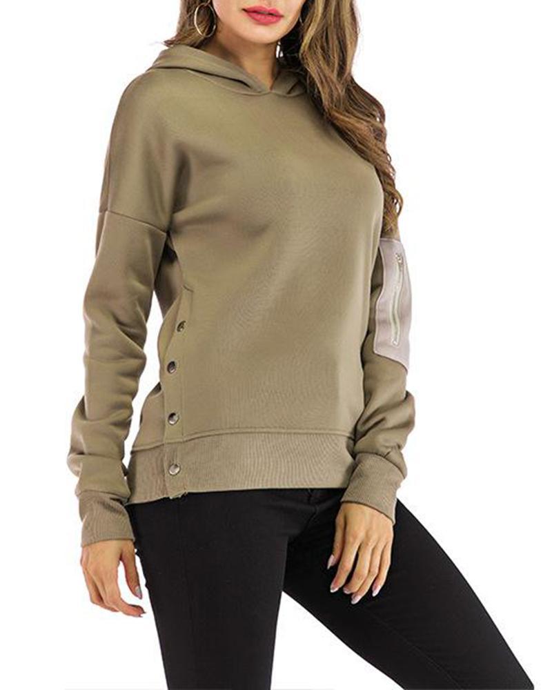 Button Slit Long Sleeve Hoodie
