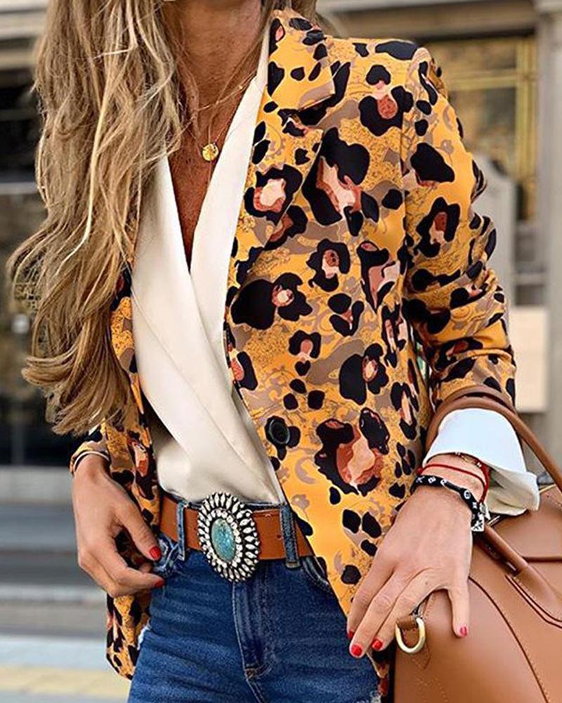 Outlet26 Leopard Print One-Button Blazer yellow
