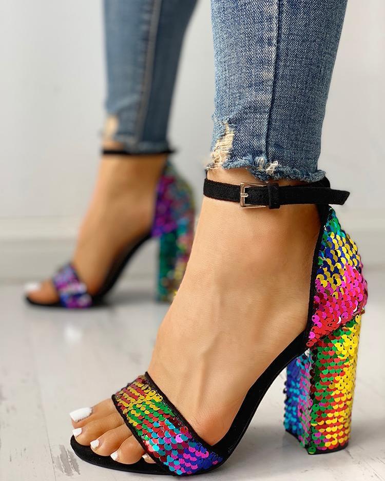 Outlet26 Multicolor Sequin Ankle Strap Chunky Heeled Sandals Multicolor