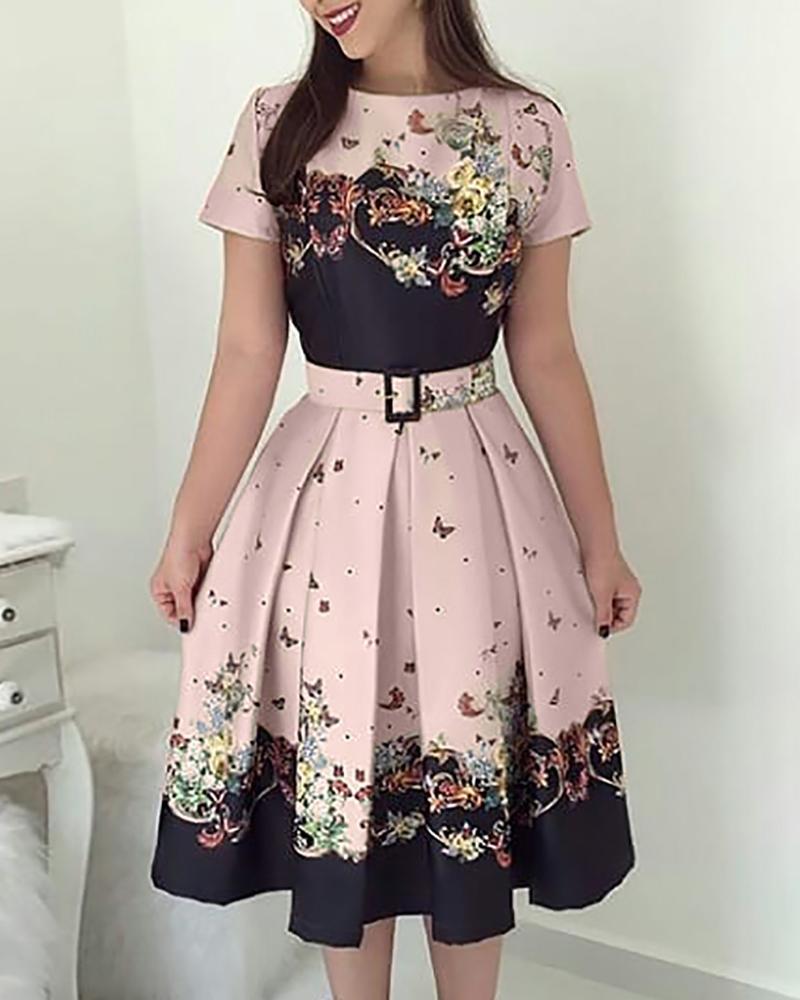 Butterfly Print Short Sleeve Belted Pleated Dress