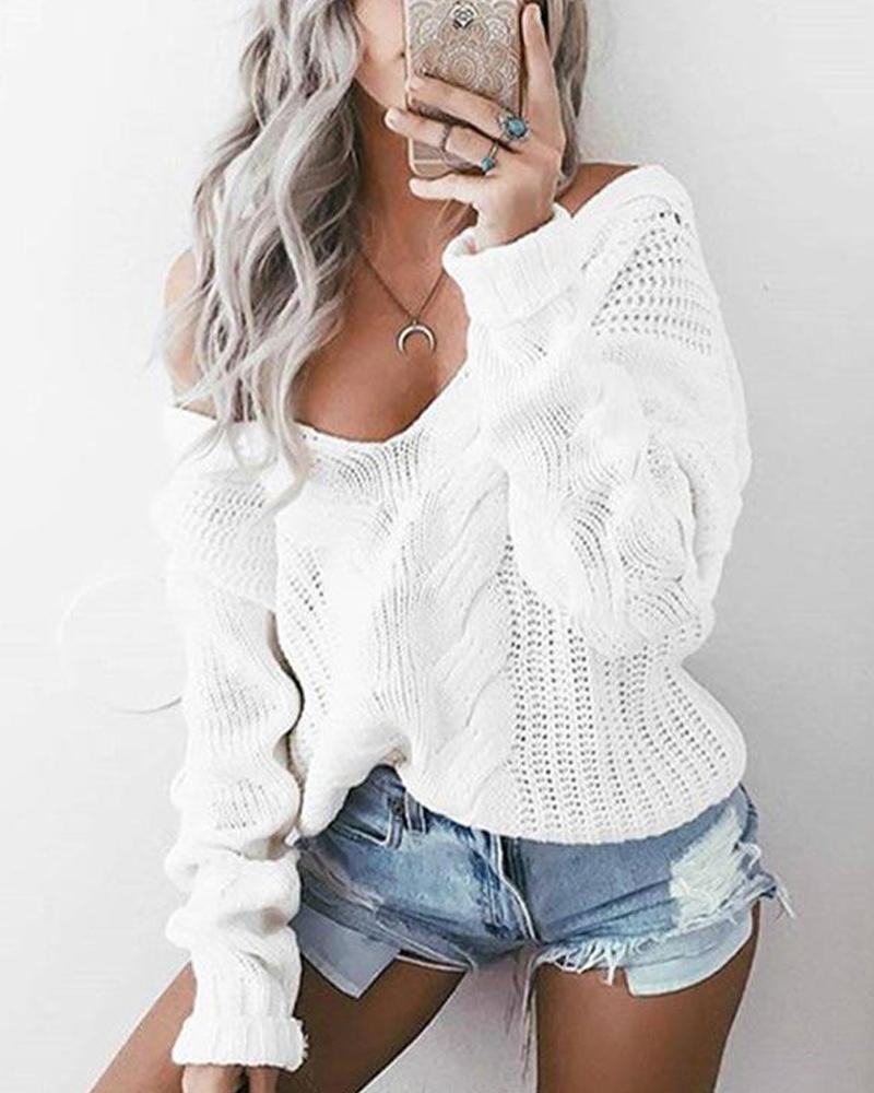 Outlet26 Solid V Neck Pointelle Sweater white
