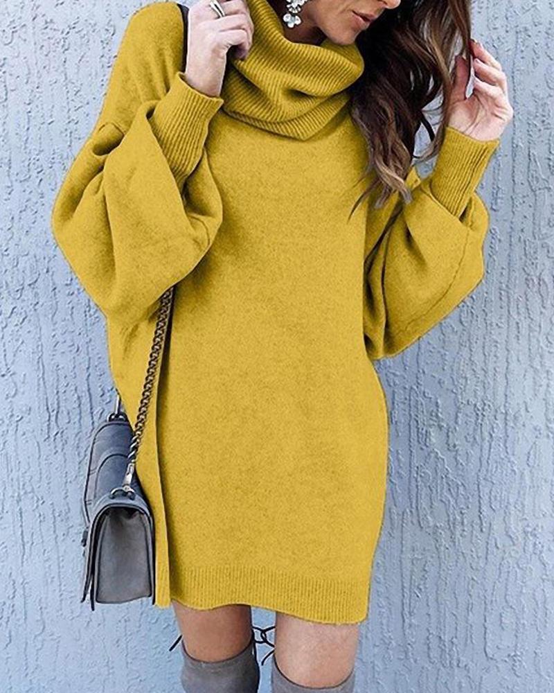 Outlet26 Solid High Neck Sweater Dress yellow