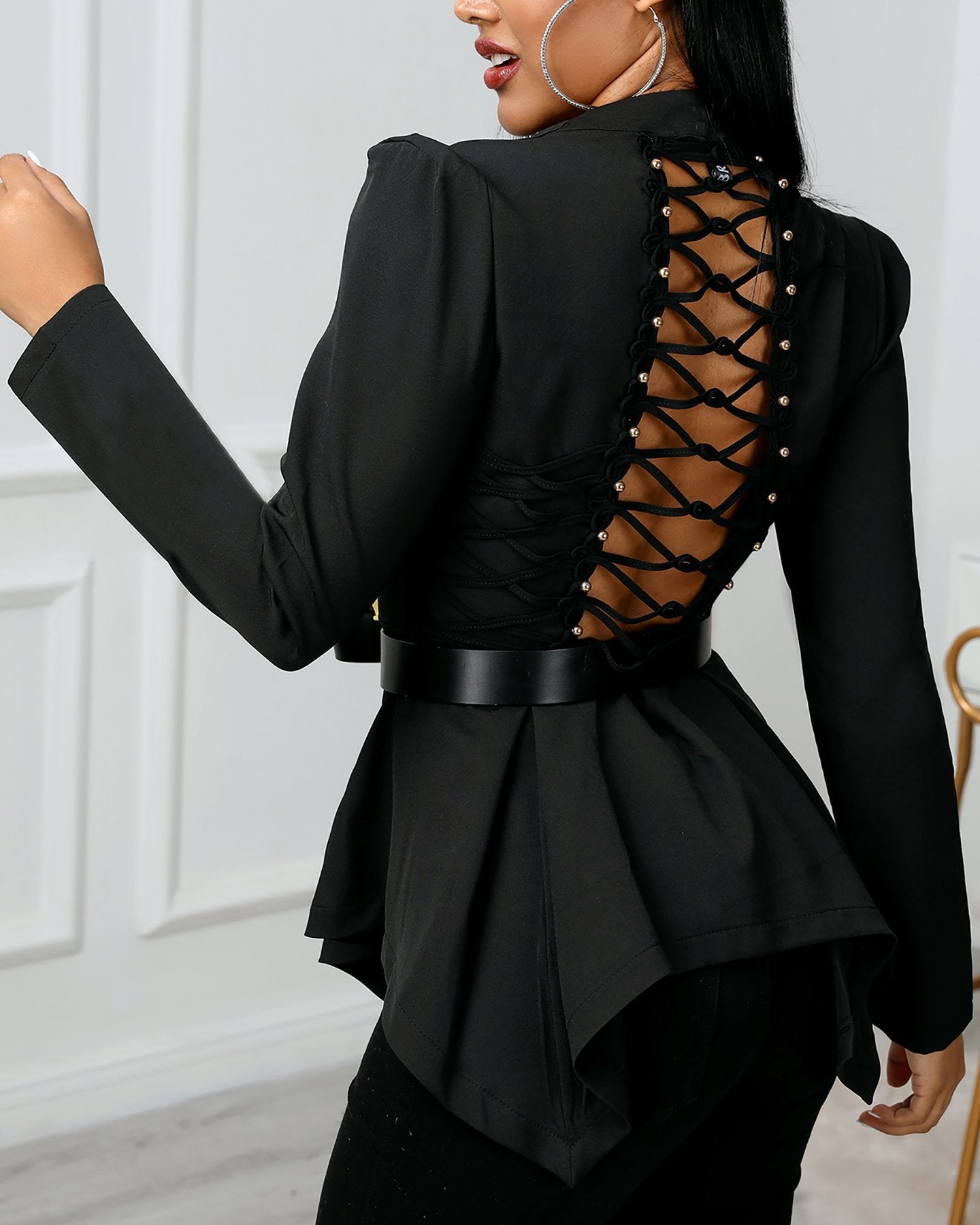 Solid Backless Lace-Up Design Blouse