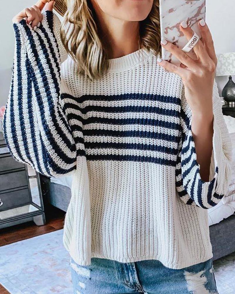 Outlet26 Round Neck Striped Loose Knit Sweater white