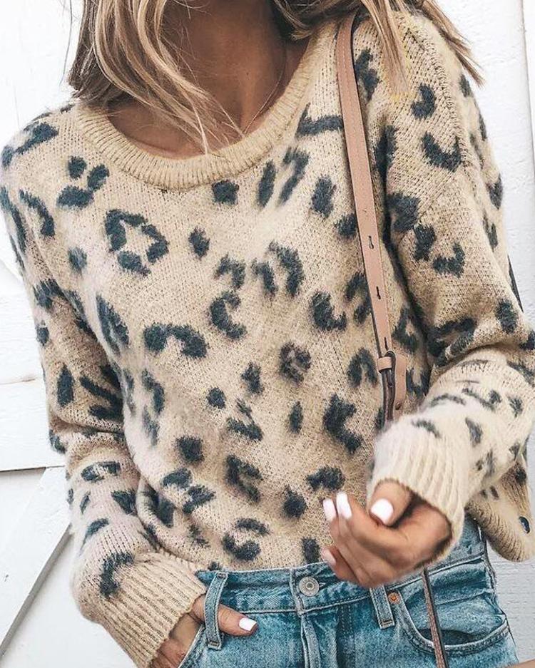 Outlet26 Round Neck Leopard Print Casual Sweater Leopard
