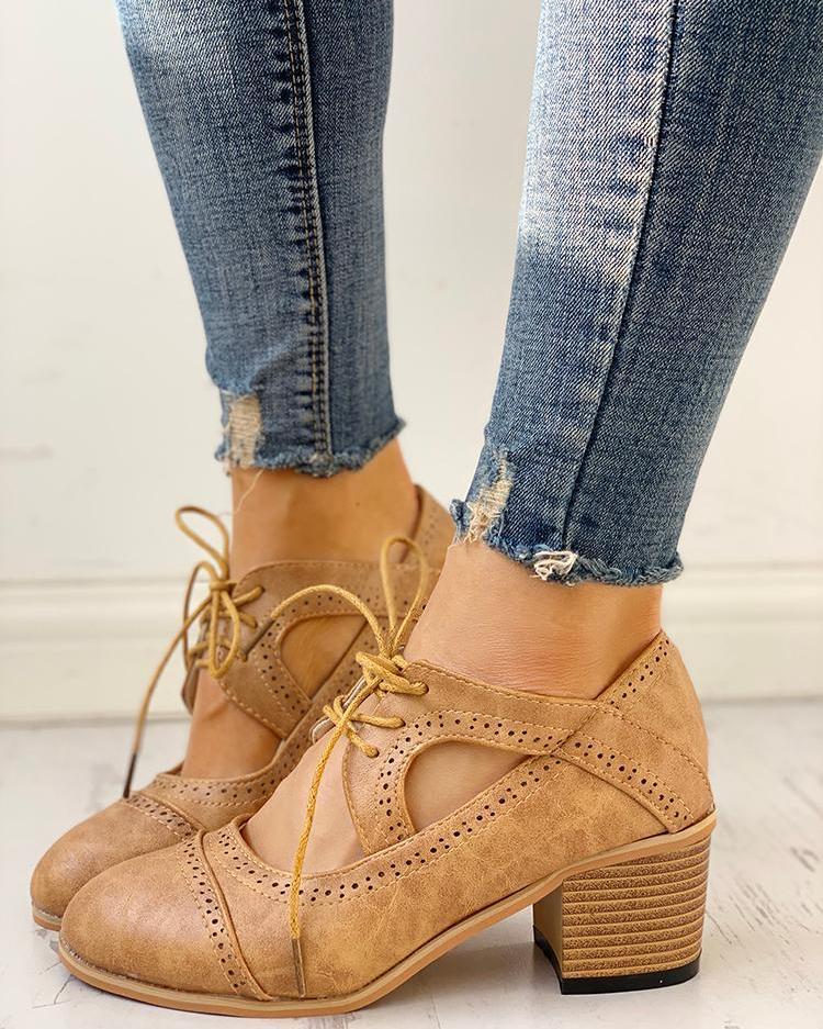Outlet26 Lace-Up Cut Out Chunky Heels brown