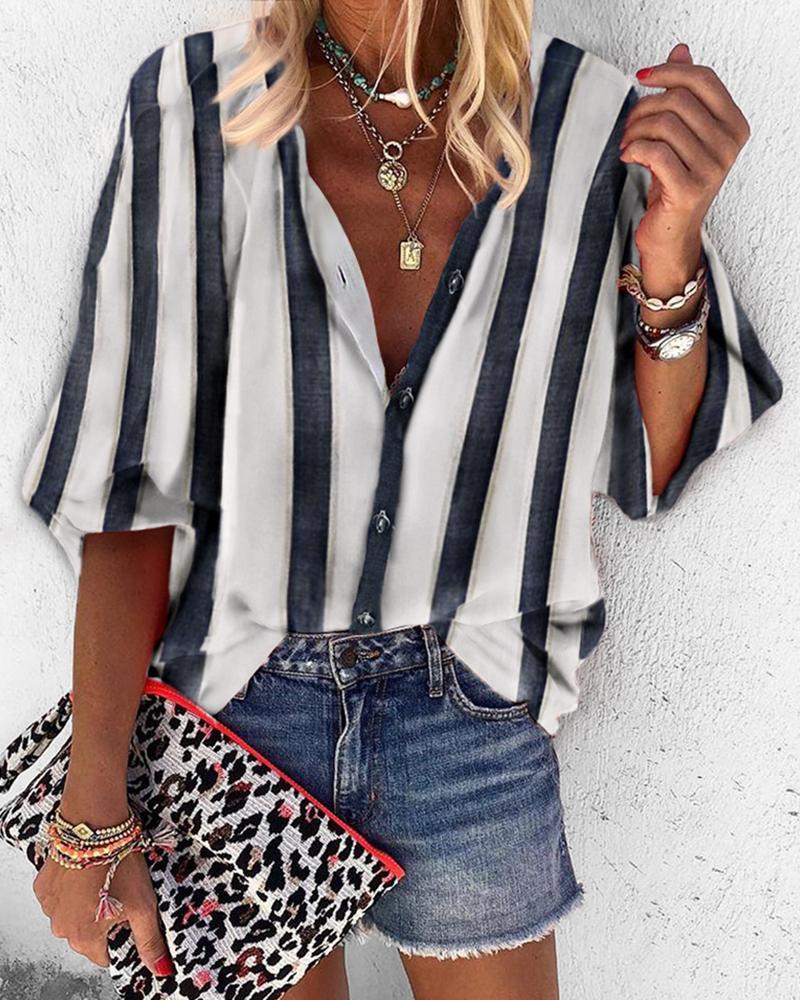 Striped V-Neck Buttoned Casual Blouse