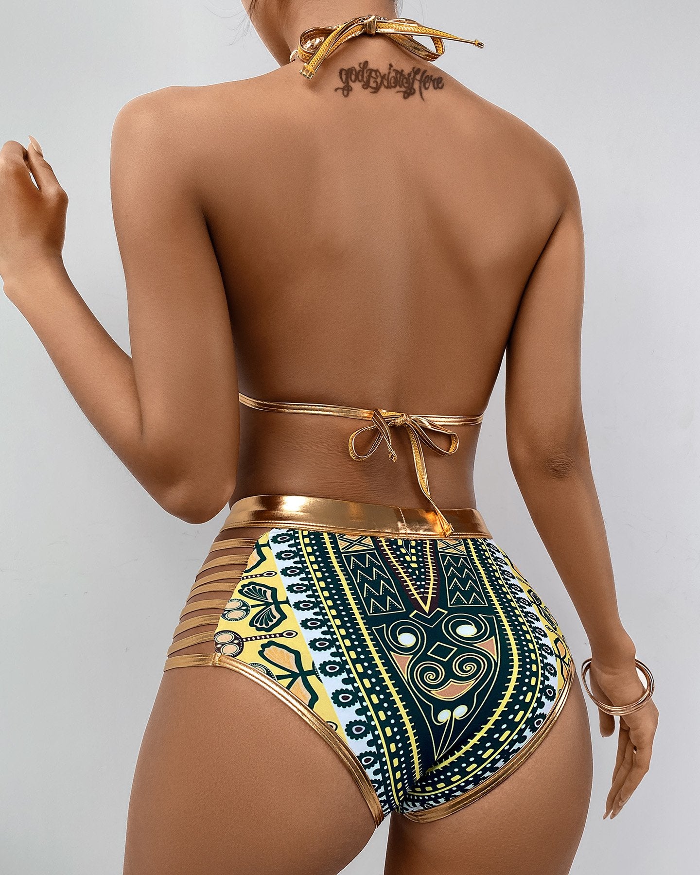 Halter Backless Scarf Print Bronzing Bikini Set