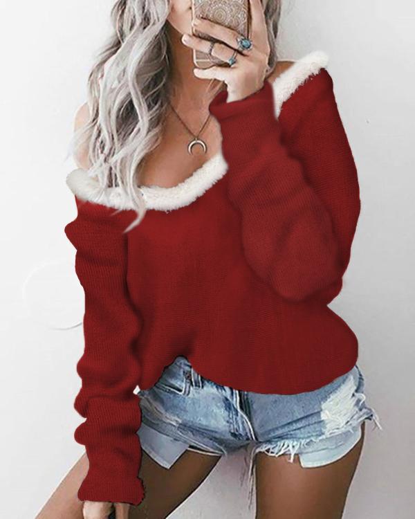 Colorblock Fluffy Long Sleeve Pullover