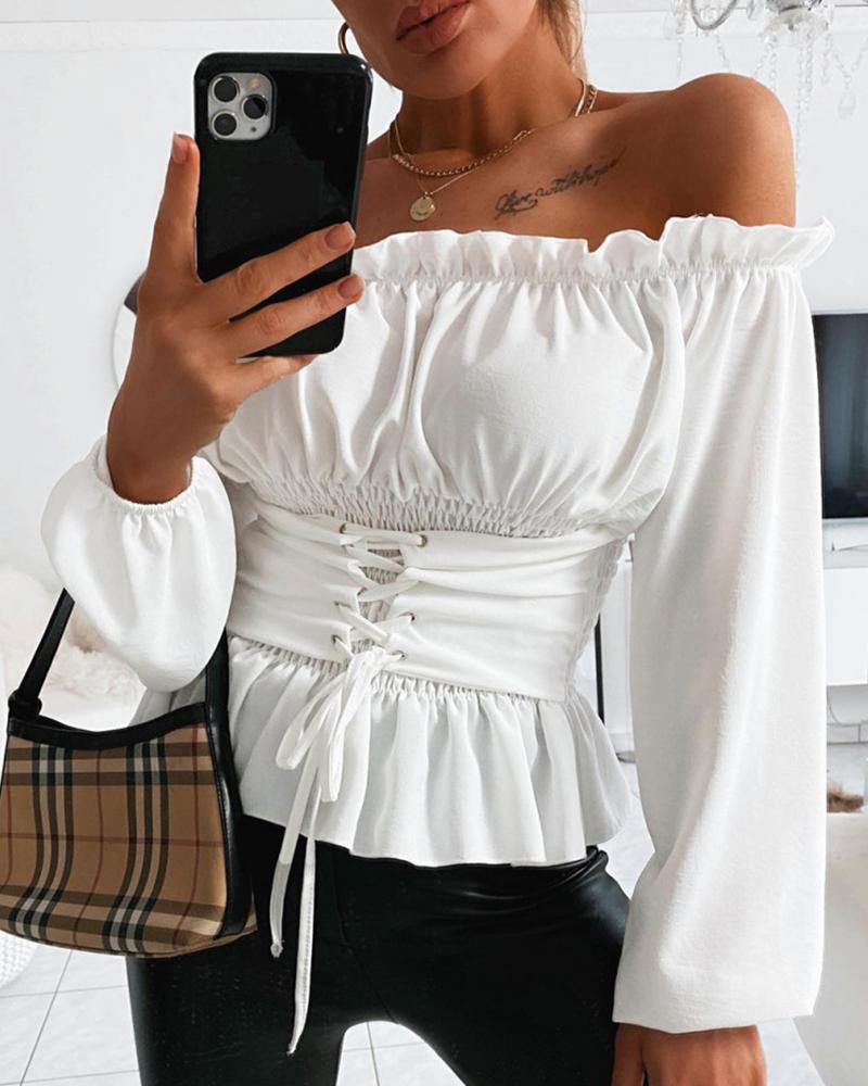 Off Shoulder Lace-up Front Casual Blouse