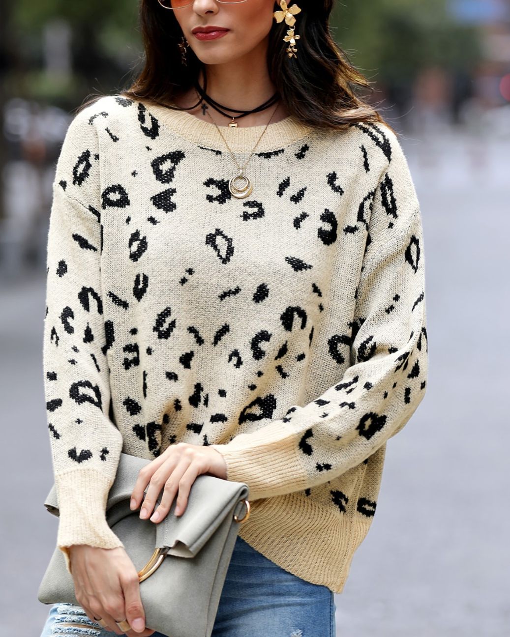 Round Neck Leopard Print Casual Sweater