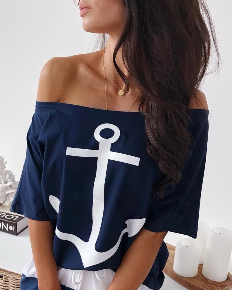 Off Shoulder Boat Anchor Print T-Shirt