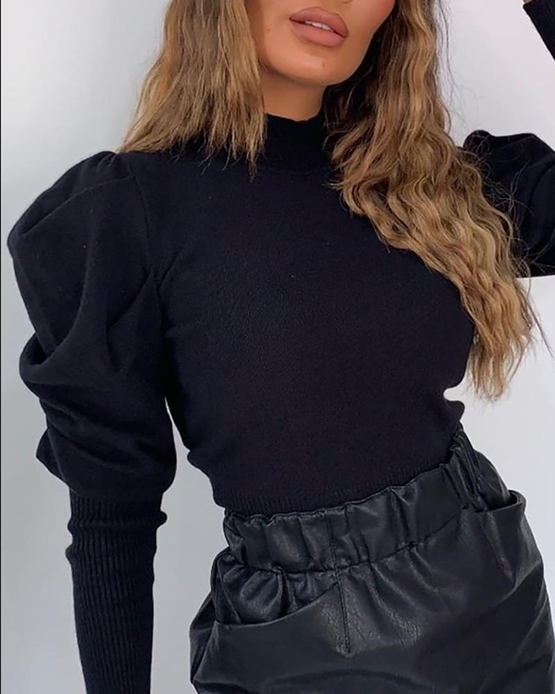 Solid Puff Sleeve Casual Sweater