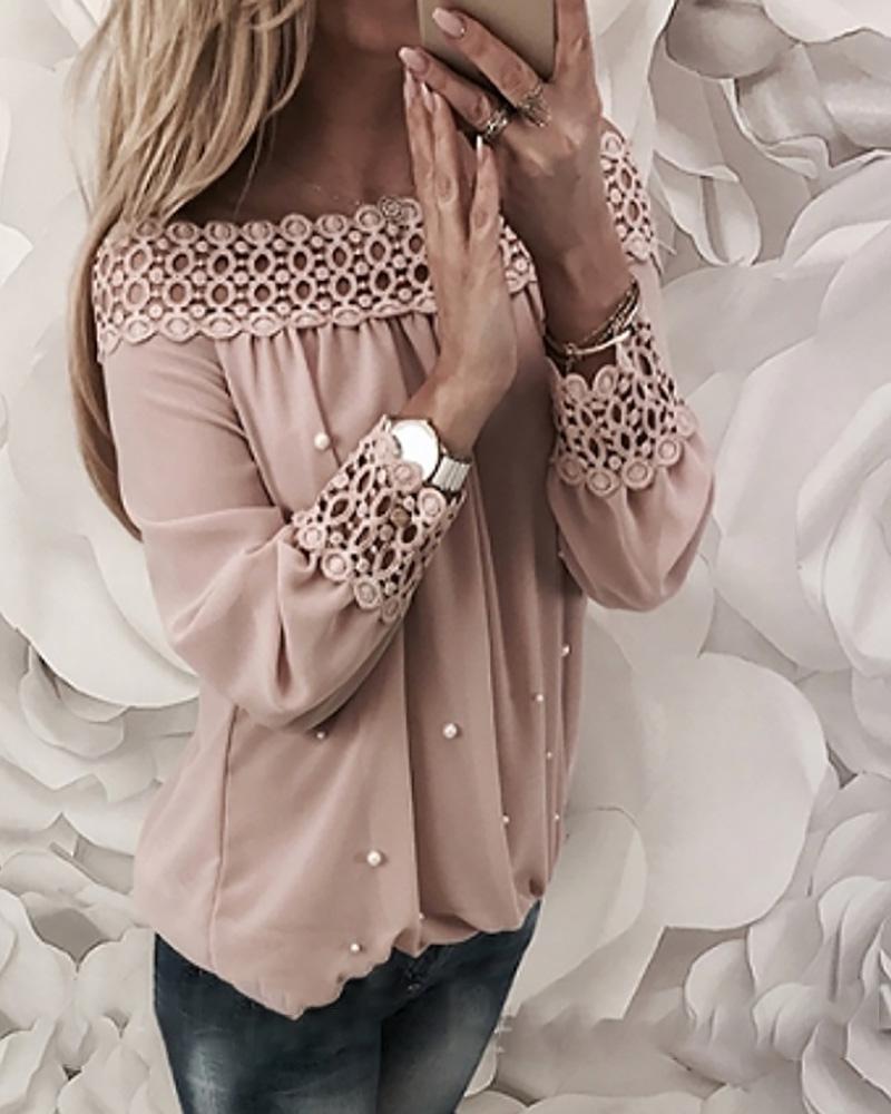 Off Shoulder Beaded Hollow Out Blouse