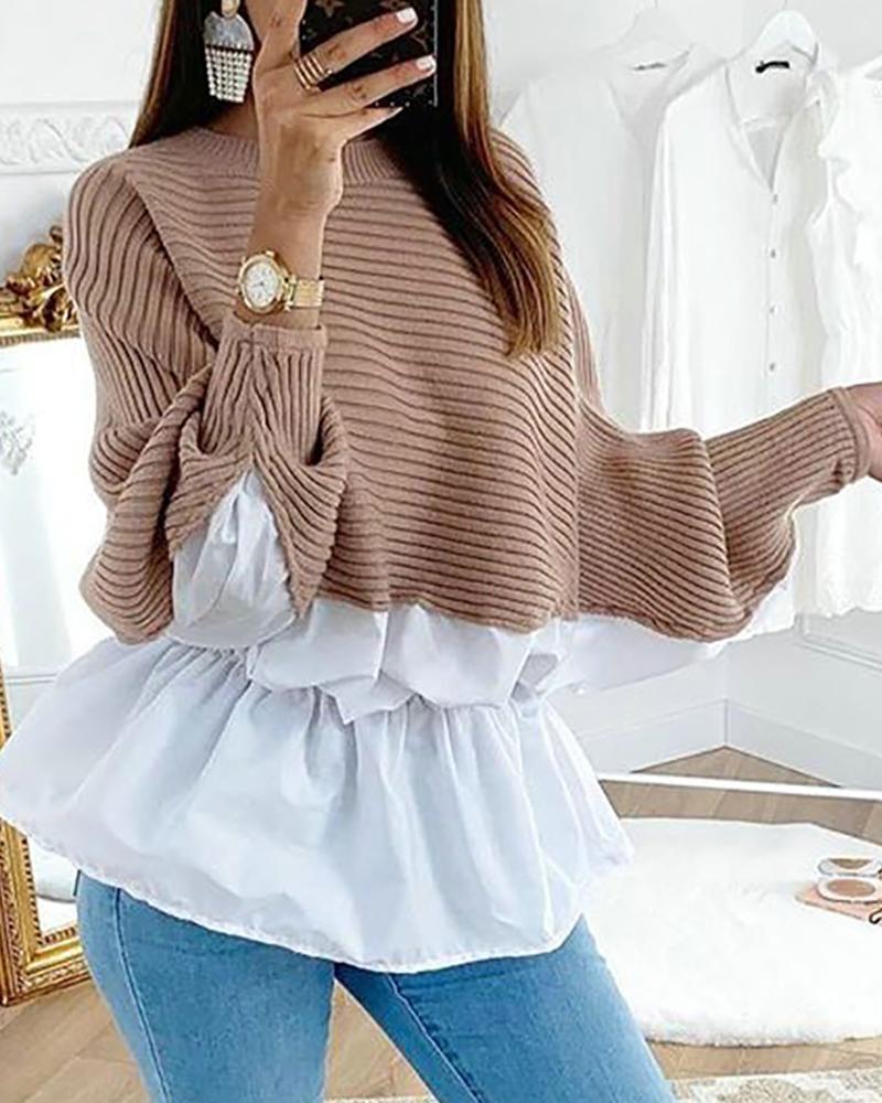 Outlet26 Colorblock Insert Ruffles Ribbed Batwing Sleeve Blouse gray
