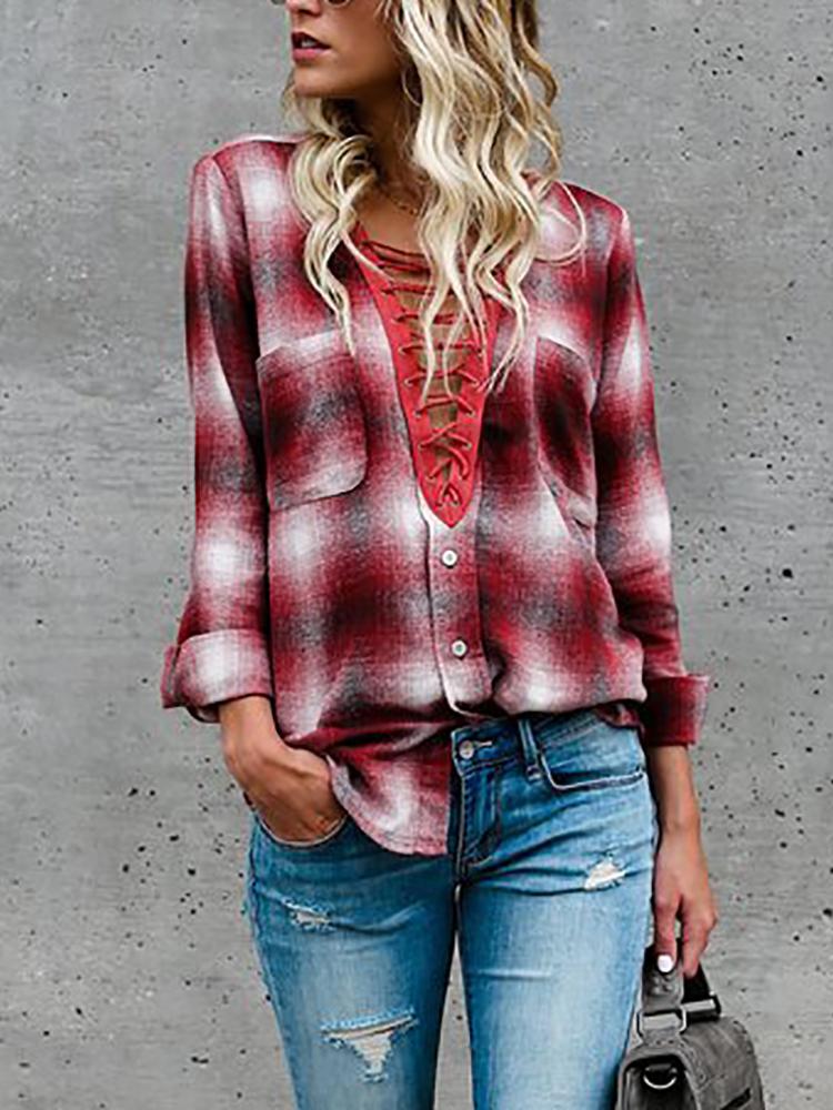 Outlet26 Trendy Tartan Lace-up Casual Blouse red