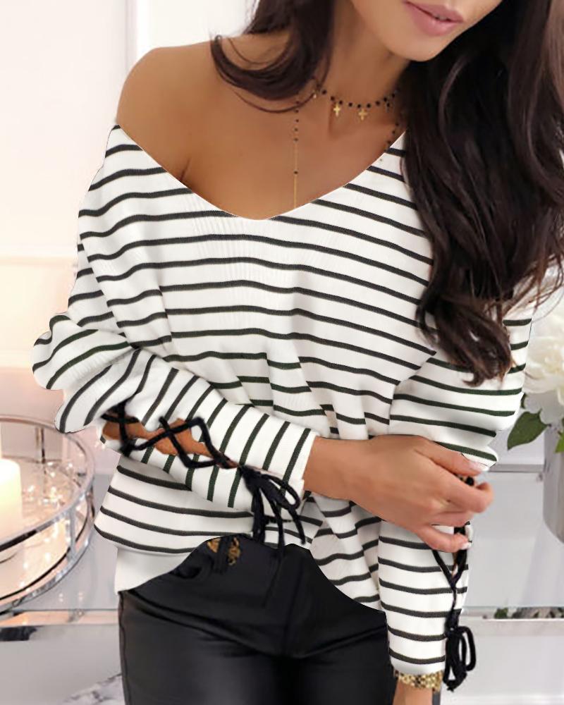 Outlet26 Striped Tied Cuff Casual Blouse black