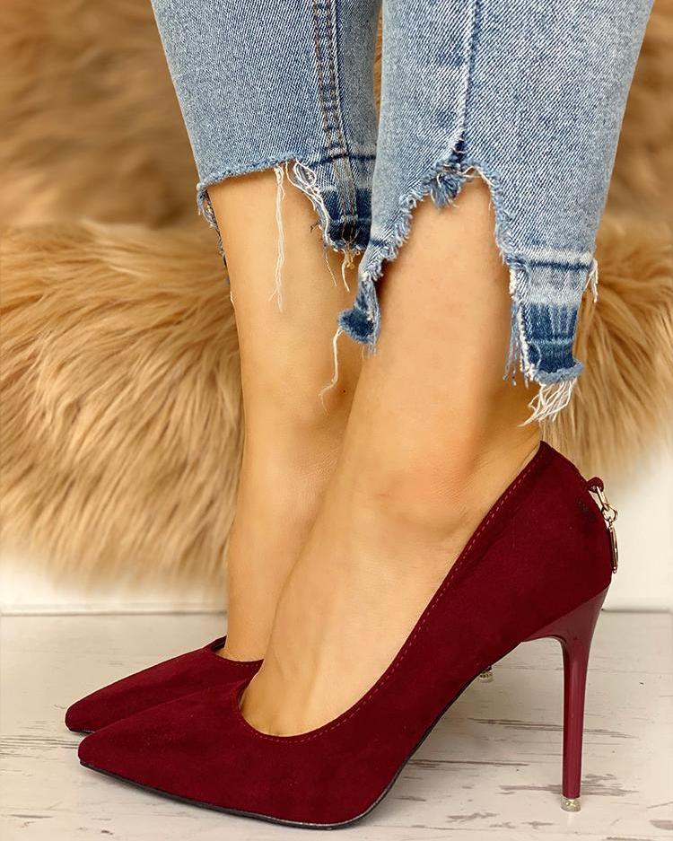 Suede Pointed Toe Zipper Back Thin Heels