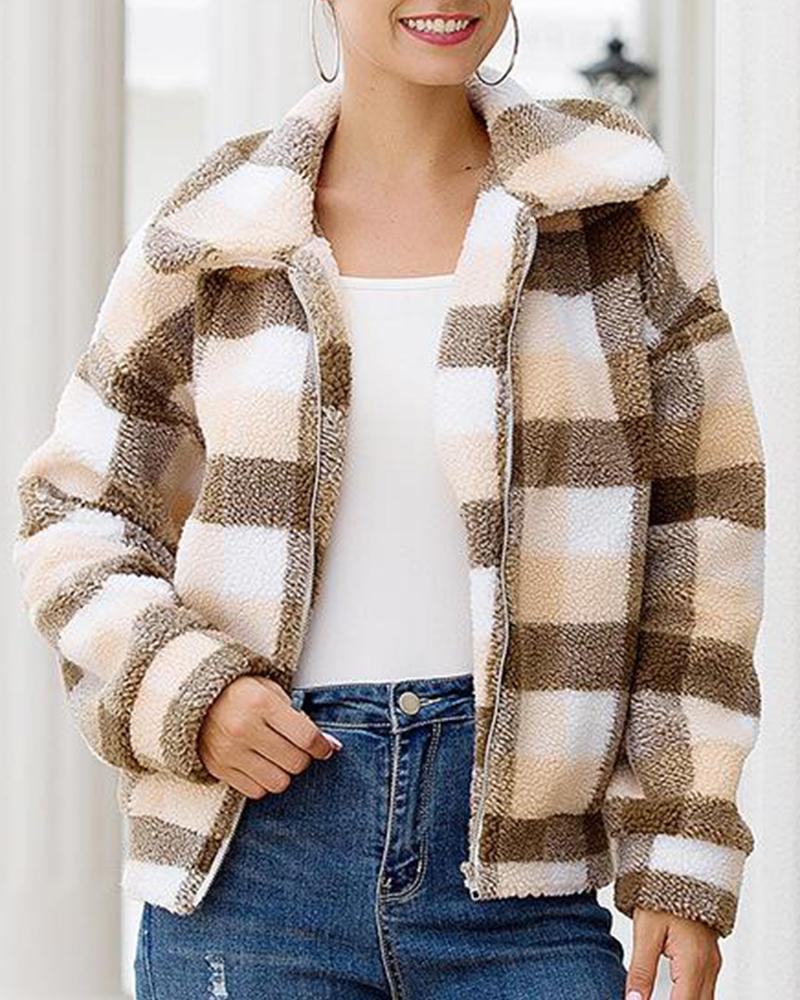 Plaid Zip Front Faux Shearling Jacket