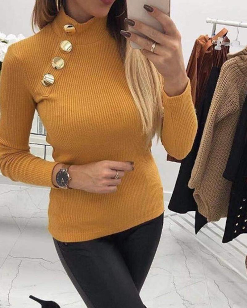 Outlet26 Solid Decorative Button Knit Top yellow