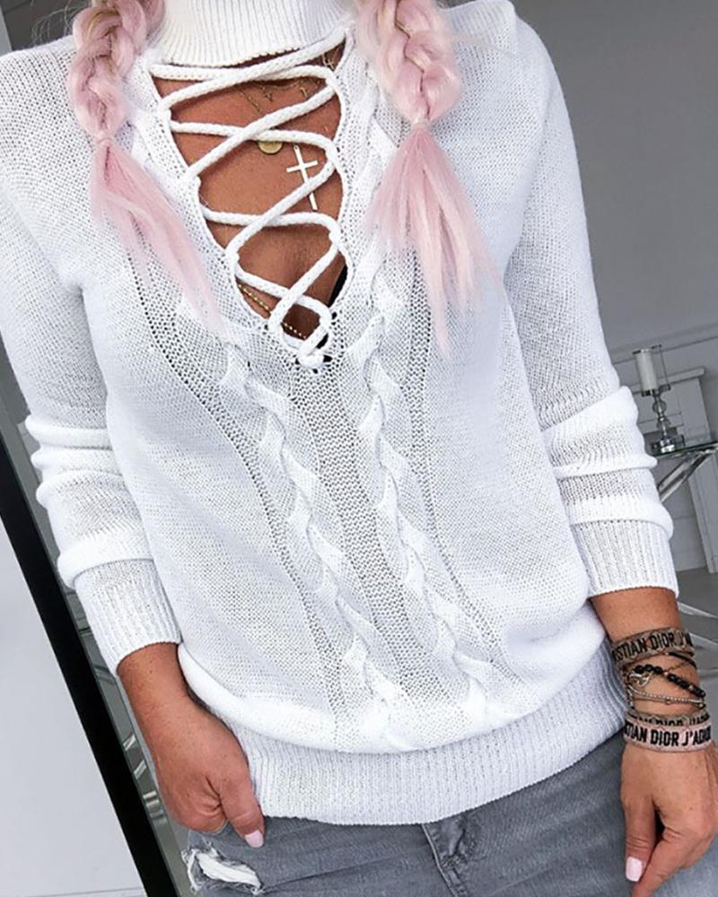 High Neck Lace-Up Front Knitted Sweater