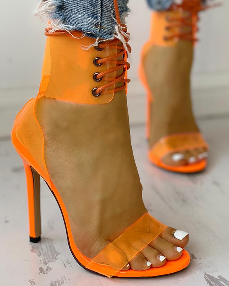 Outlet26 Transparent Lace-Up Single Strap Heeled Sandals orange