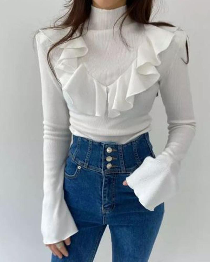 Outlet26 High Neck Flare Sleeve Ruffle Top white
