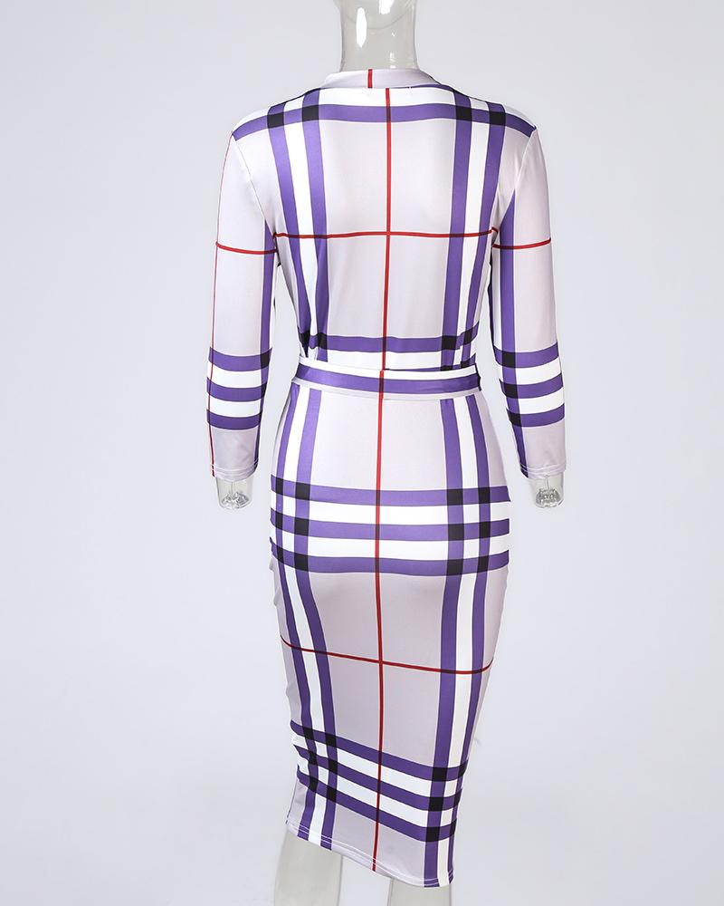 Grid Print Zip Front Midi Dress