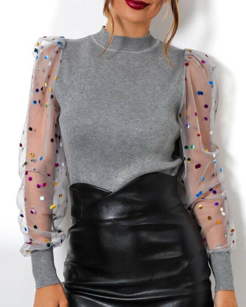 Outlet26 Colorful Sequin Mesh Sleeve Top gray