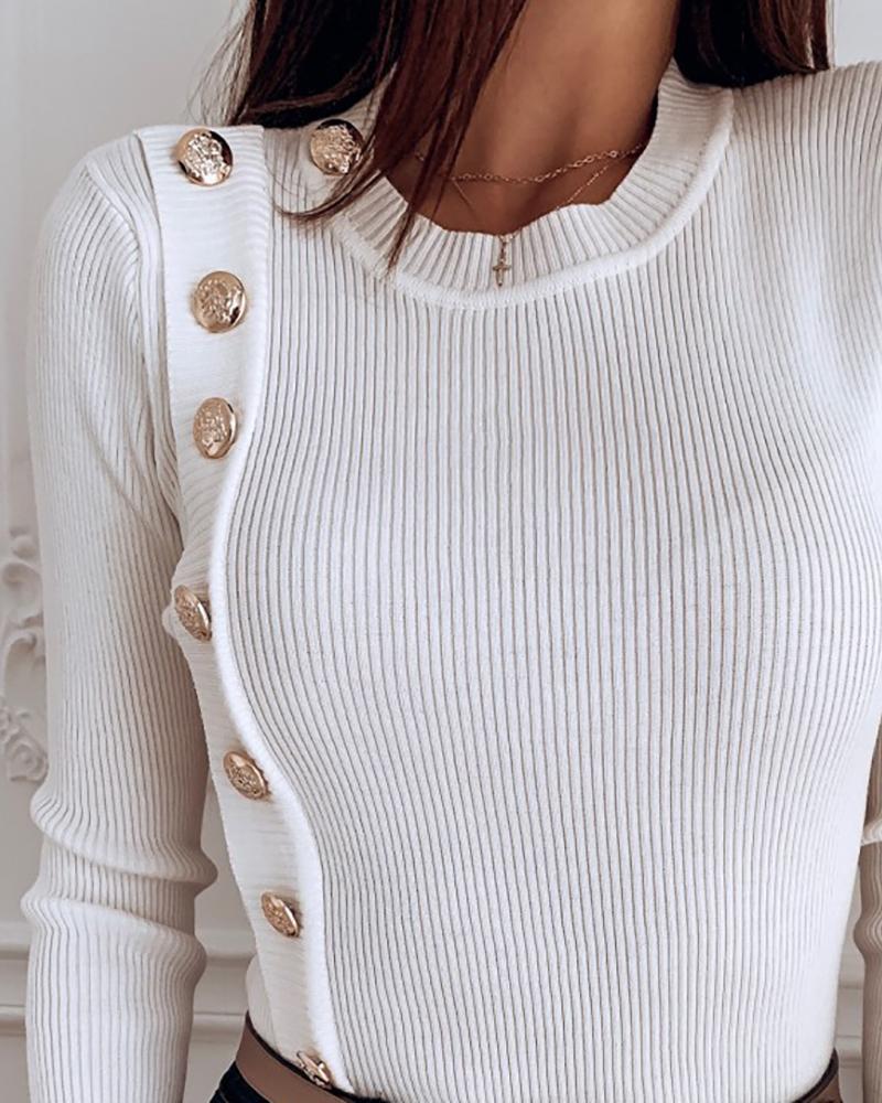 Round Neck Ribbed Long Sleeve Buttoned Casual Blouse