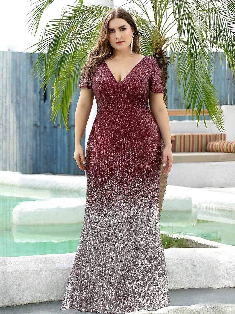 Sexy V Neck Plus Size Mermaid Sequin Evening Dress with Short Sleeve